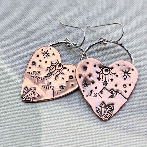 Sterling Silver and Copper Mountain Scene Earrings, Hammered Metalwork Hand Stamped Earrings, Winter Scene