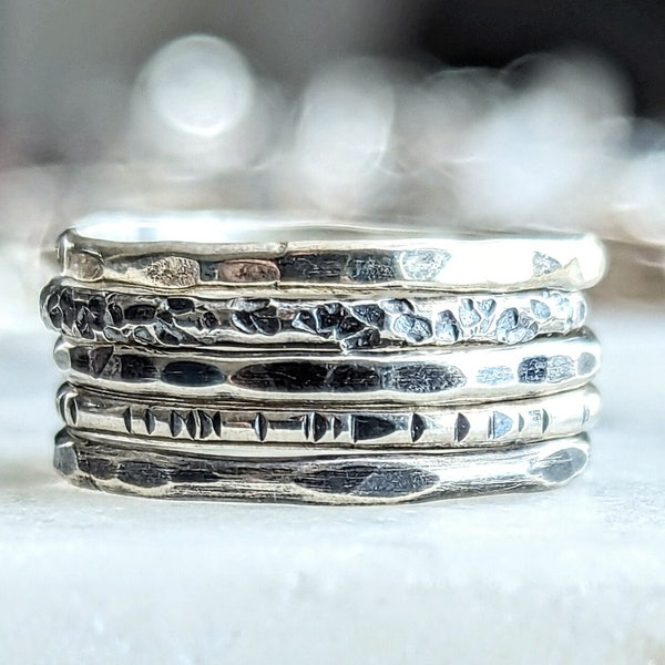 skinny oxidized and hammered half round sterling silver stacking ring set, mothers day gift, set of 5