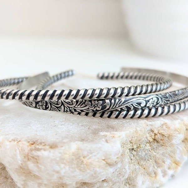 Sterling Silver Twist and Floral Cuff Bracelet Stack