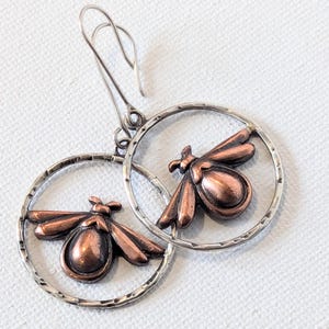 Unique Copper and Sterling Silver Firefly Earrings, Handmade Metalwork Jewelry