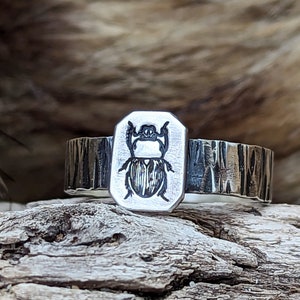Unique Sterling Silver Scarab Beetle Hand Stamped Ring, Updated w/my Tree Bark Band, Gift for Entomologists, Bug Hunters & Science Geeks