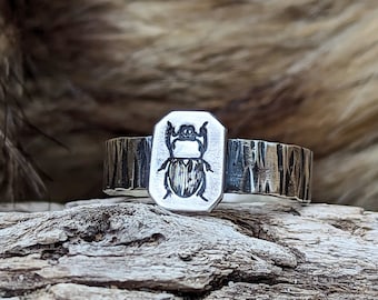 Unique Sterling Silver Scarab Beetle Hand Stamped Ring, Updated w/my Tree Bark Band, Gift for Entomologists, Bug Hunters & Science Geeks