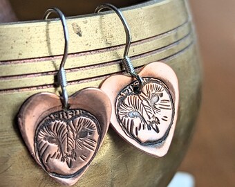 Sterling Silver and Copper Hand Stamped Owl Earrings, Handmade Mothers Day Gift