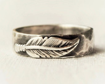 Sterling Silver Ring, Feather Ring, Mens Wedding Ring, Unisex Wedding Band, Rustic Ring, Feather Jewelry, Wedding Band, Unique Wedding Ring