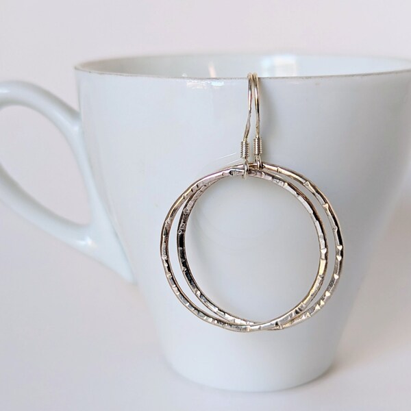 Simple shiny hammered hoop earrings, handmade 925 sterling silver circles, ready to ship