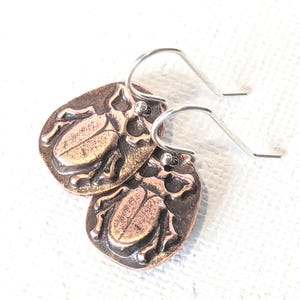 Handcrafted Copper Beetle Earrings: Oxidized Sterling Silver Wires