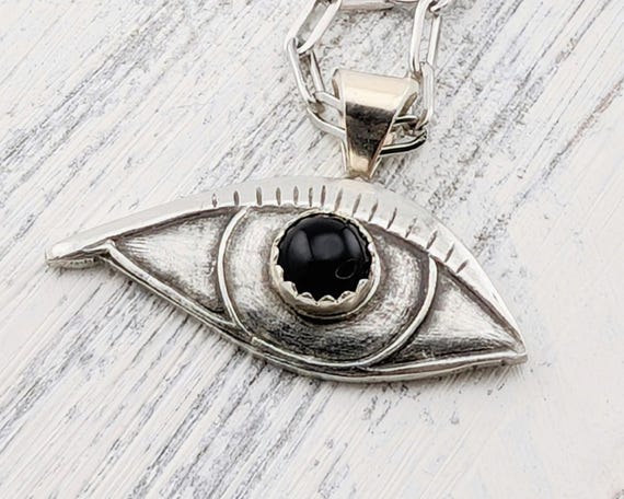 Pewter All Seeing Eye Pendant, Sterling Silver bail, Onyx, and a Stainless Steel Chain