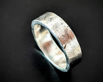 Organic Sterling Silver Band, 6mm x 2mm Rustic Minimalist Ring Textured by Hammering on Concrete, Unisex Wedding Ring, Handmade to Order