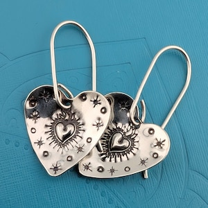 Sterling Silver Sacred Heart Earrings, Lightweight, Hand Stamped and Handmade, Gift for Her