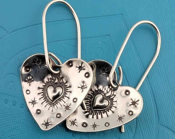 Hand Stamped Sterling Silver Sacred Heart Earrings, Completely Handmade Metalwork Jewelry