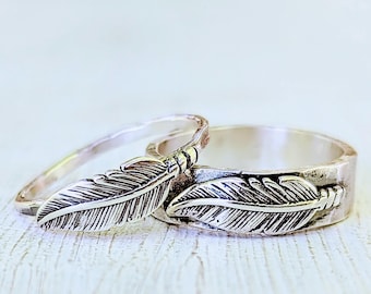 Sterling Silver Feather Ring, Single or Pair, Handmade Wedding Rings or Stacking Bands