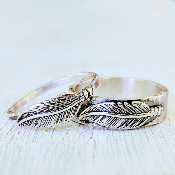 Sterling Silver Feather Ring, Single or Pair, Handmade Wedding Rings or Stacking Bands
