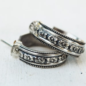 Gorgeously detailed sterling silver floral hoop earrings, everyday hoops, dark academia