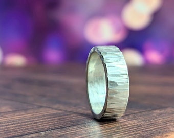 Unisex Sterling Silver Thick Hammered Band, Satin Finish, Wedding Band or Stacking Ring, Handmade to Order