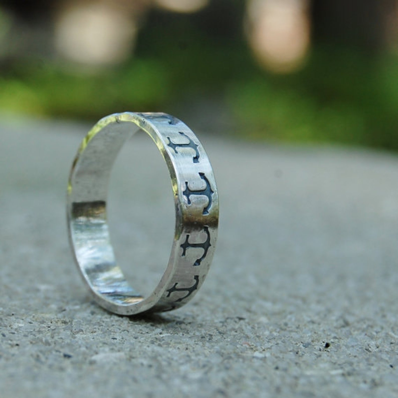 Sterling Silver Nautical Anchor Band Hand Stamped Pattern Etsy