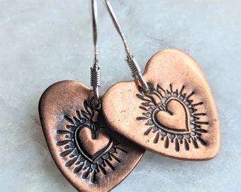 Hand stamped copper sacred heart earrings, hand punched hearts with sterling silver ear wires