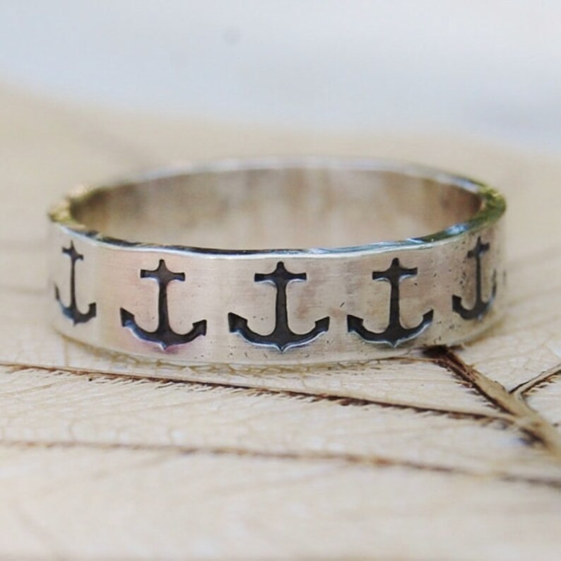 Sterling Silver Nautical Anchor Band Hand Stamped Pattern Etsy