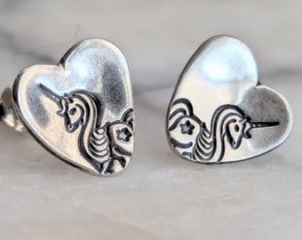 Sterling Silver Hand Stamped Unicorn Heart Earrings, Ready to Ship