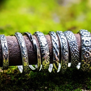 Sterling Silver Oxidized Patterned Ring Band, Floral, Dragon Skin, Helix, Handmade Jewelry