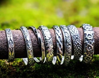 Sterling Silver Oxidized Patterned Ring Band, Floral, Dragon Skin, Helix, Handmade Jewelry