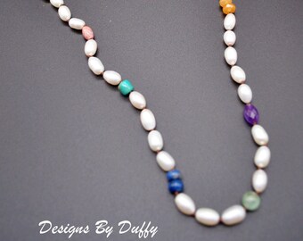 Pearl and Semi-Precious Gemstone Knotted Necklace