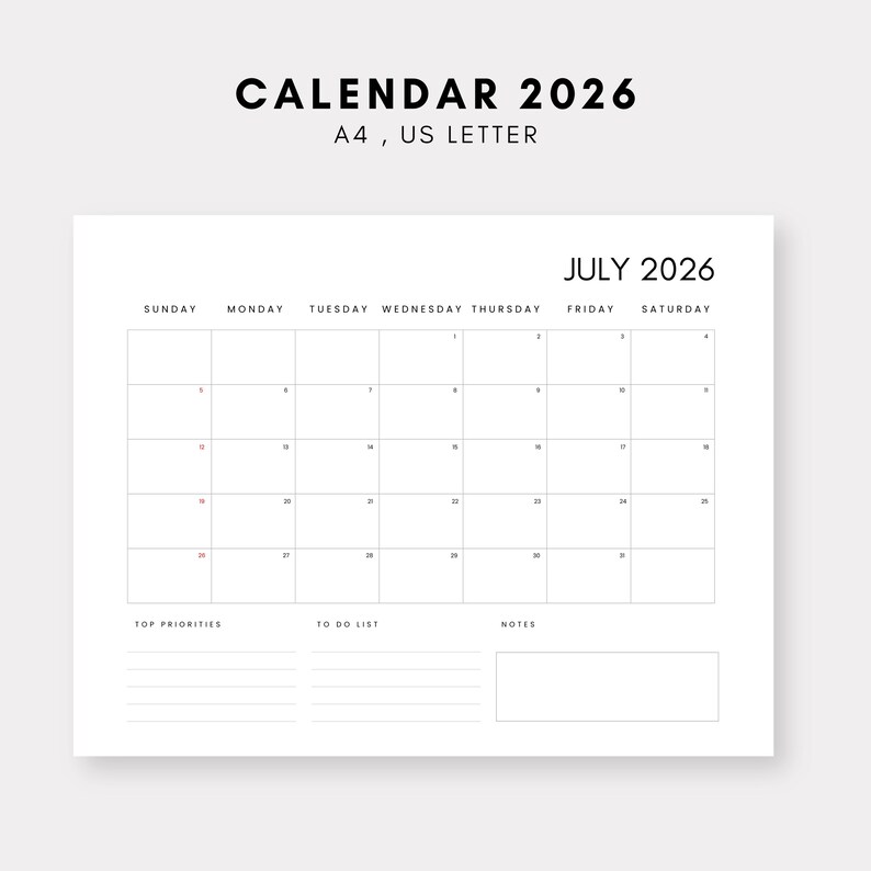 July Printable Calendar 2026 for Students, Teachers, Office &amp; Business ...