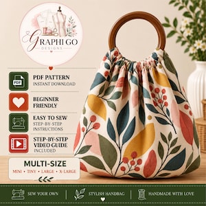 May include: A fabric handbag featuring a cream background with a colorful botanical print of leaves and berries in shades of green, yellow, and pink. The bag has a gathered top opening and a circular, dark brown wooden handle.