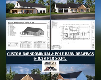Plano de planta personalizado para casa tipo granero, granero con estructura de postes y casa de campo, con planos para permisos de instalaciones mecánicas, eléctricas y de plomería, y un conjunto de planos de construcción.