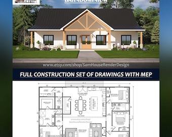 Plano de planta de Barndominium de 40x60 con 4 habitaciones y permisos MEP con un área de 2400 pies cuadrados / Conjunto de planos de construcción
