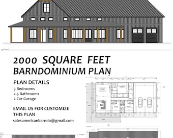 Plano de planta de Barndominium de 40x80 con 3 habitaciones, dibujos de elevación 2D, plano de techo, garaje para 2 autos con área de 2000 pies cuadrados