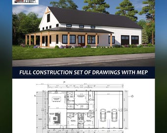 Plano de planta de Barndominium de 40x80 con 3 habitaciones, planos de permiso MEP, garaje para 2 autos con área de 2000 pies cuadrados / Conjunto de planos de construcción