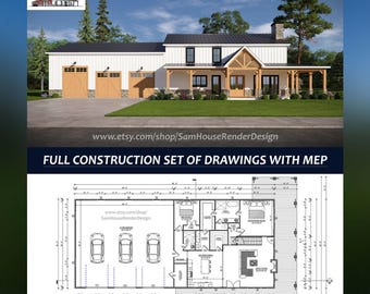 Plano de planta de Barndominium de 40x90 con 4 habitaciones, planos de permiso MEP, garaje para 3 autos con área de 3600 pies cuadrados / Conjunto de planos de construcción