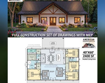 Plano de planta de Barndominium de 40x60 con 4 habitaciones y permisos MEP con un área de 2400 pies cuadrados / Conjunto de planos de construcción