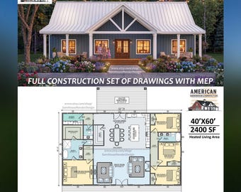 Plano de planta de casa tipo granero de 40x60 / Plano de construcción de 4 habitaciones (Descarga digital)