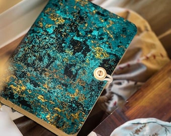 Teal Gold Jacquard Journal A5 A6, Vintage Fabric Notebook, Refillable 180P Binder, Lined Grid Blank Paper, Luxury Gift for Her, Handmade