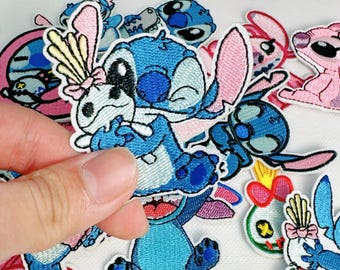 Lilo and Stitch Iron On Patch | Cute Blue Alien & Pink Angel Embroidery | Funny Cartoon Applique for Jackets, Backpacks | DIY Gift for Her