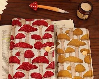Mushroom Fabric Journal A5 A6 | Red Yellow Mushroom Notebook | Refillable Binder Diary | Lined Grid Blank Pages | Nature Lover Gift
