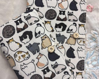 Cute Cat Doodle Fabric Journal A5 A6, Refillable 180P Binder Notebook, Lined Grid Blank Paper, Cream White, Cat Lover Gift, Handmade Diary