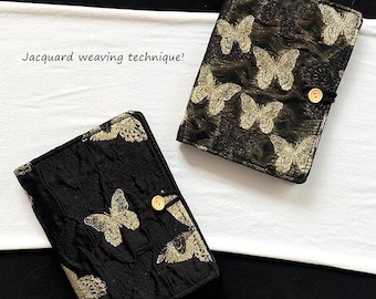 Gold Butterfly Jacquard Journal A5 A6, Black Fabric Luxury Notebook, Refillable 180P Binder, Lined Grid Blank Paper, Dark Academia Gift