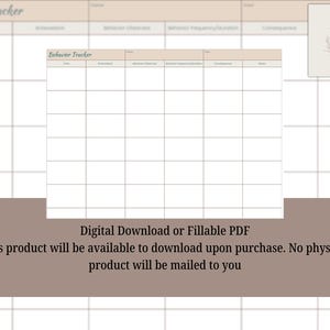 May include: A digital Behavior Tracker template with a grid layout, featuring sections for time, antecedent, behavior observed, frequency/duration, and consequences. The text "Behavior Tracker" is at the top. The product is a digital download or fillable PDF.