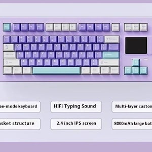 May include: A lavender mechanical keyboard with white, purple, and teal keycaps. Features include a 2.4-inch IPS screen, 8000mAh battery, and HiFi typing sound. The keyboard has a gasket structure and multi-layer custom fill.
