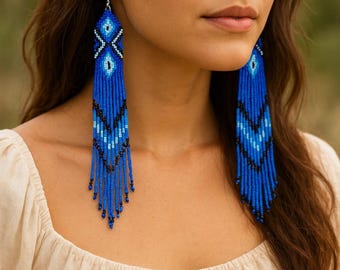 Beaded earring Handwoven Blue Feather Seed Bead Earrings, inspired by Boho Southwestern Dangle Statement Jewelry,native earring