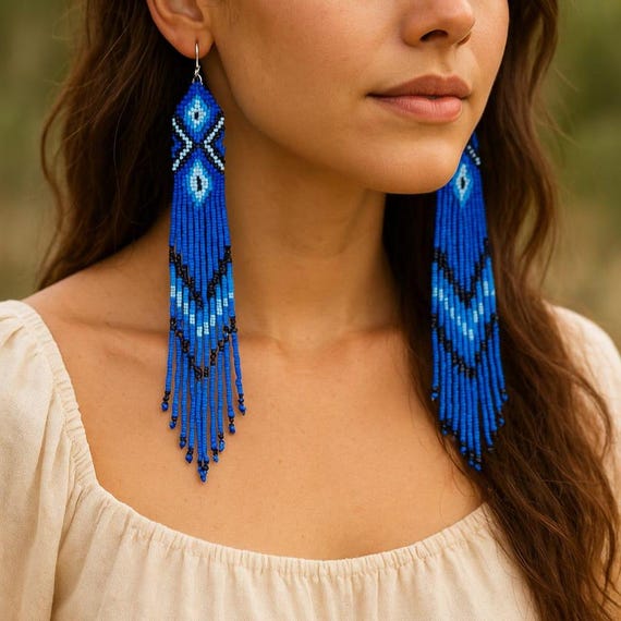 Beaded earring Handwoven Blue Feather Seed Bead Earrings, inspired by Boho Southwestern Dangle Statement Jewelry,native earring