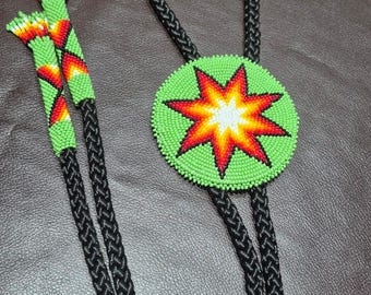 Handmade Beaded Bolo Tie, Green Starburst Medallion, Western Tribal Neckwear