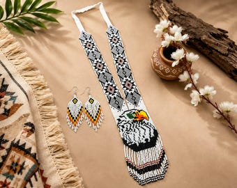 Handmade beaded  Seed Bead Necklace and Earrings Set, Southwestern Statement Jewelry