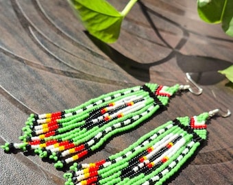 Boho Seed Bead Dangle Earrings, Long Fringe Tassel