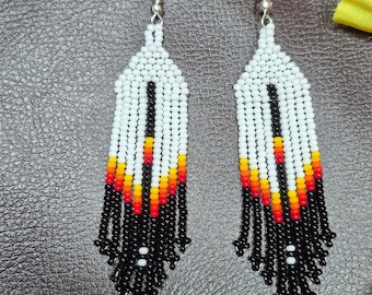 Handmade Beaded Turquoise Fringe seeds beads Earrings, Southwestern Geometric Dangle Boho Jewelry