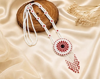 Handmade Beaded Medallion Necklace, White Red Seed Bead Pendant, Boho Tribal Statement Jewelry