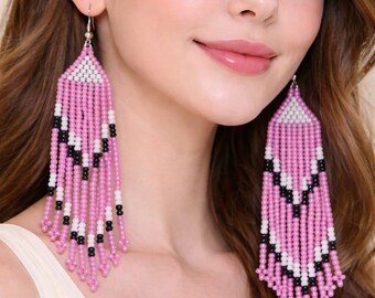 Handmade Beaded Dangle Earrings, Pink Tassel Boho Jewelry
