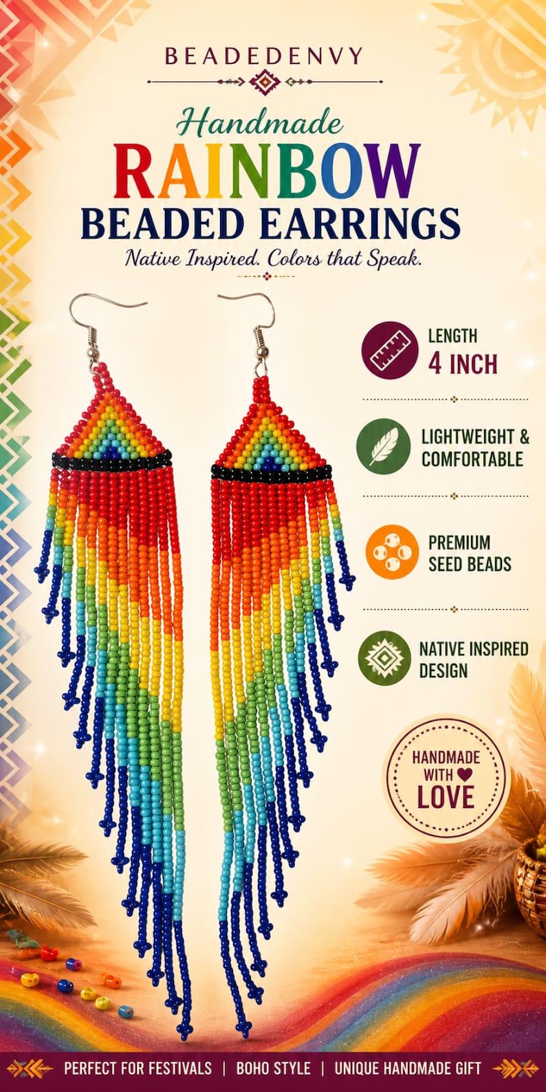 May include: A pair of handmade rainbow beaded earrings featuring a triangular top section and long, multi-colored fringe strands. The earrings measure 4 inches in length and are crafted with premium seed beads in a vibrant spectrum of colors.
